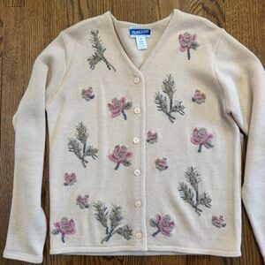 Pendleton Cream Embroidered Wool Blend V Neck Cardigan Sweater Size Small